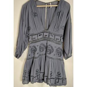 Free People Embroidered Viscose Dress Gray Woven 3/4 Sleeve Short Women Size 6
